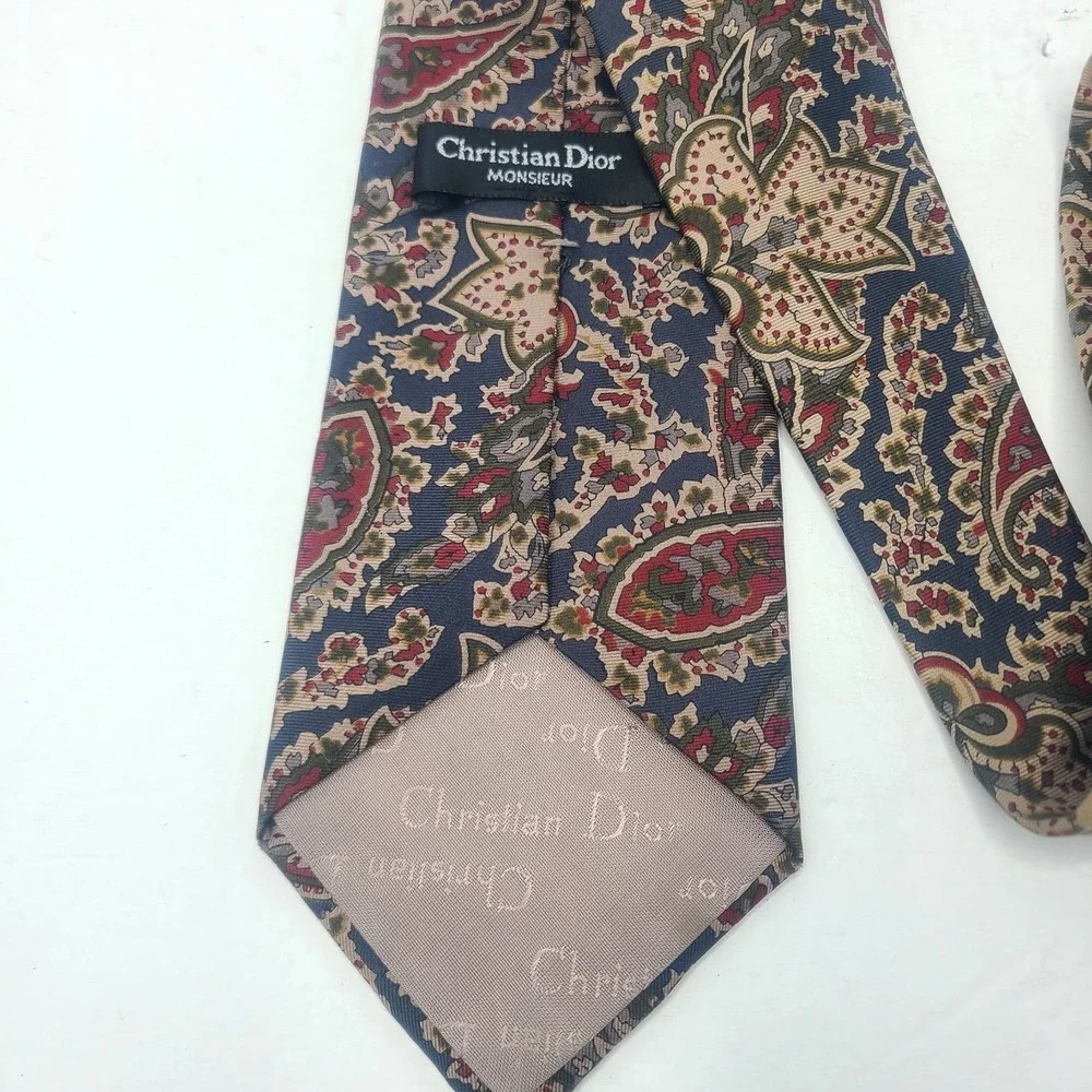 Vtg Christian Dior Monsieur 100% Silk Tie Made In USA Blue Gold Floral Paisley‎